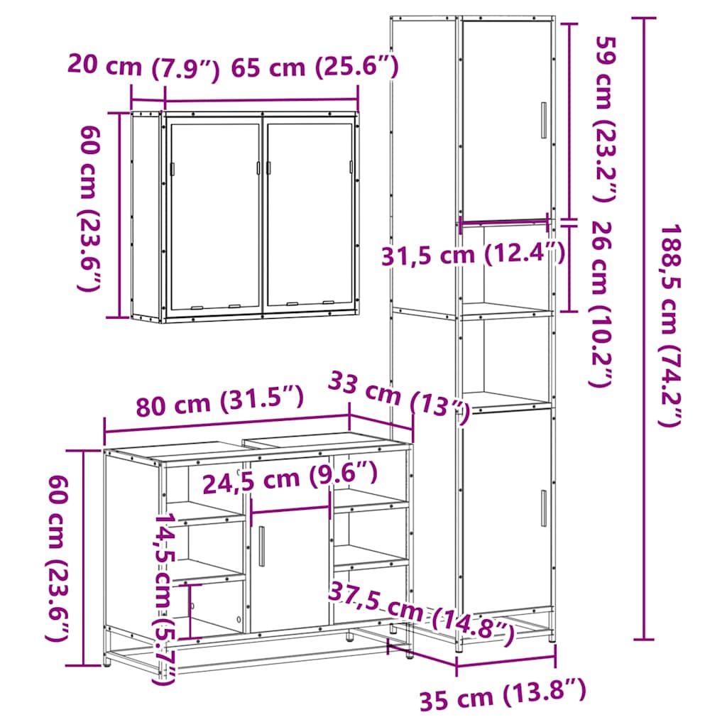 vidaXL 3-tlg. Badmöbel-Set Räuchereiche Holzwerkstoff