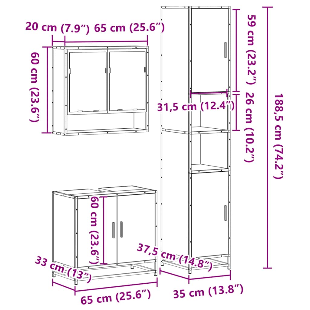 vidaXL 3-tlg. Badmöbel-Set Räuchereiche Holzwerkstoff