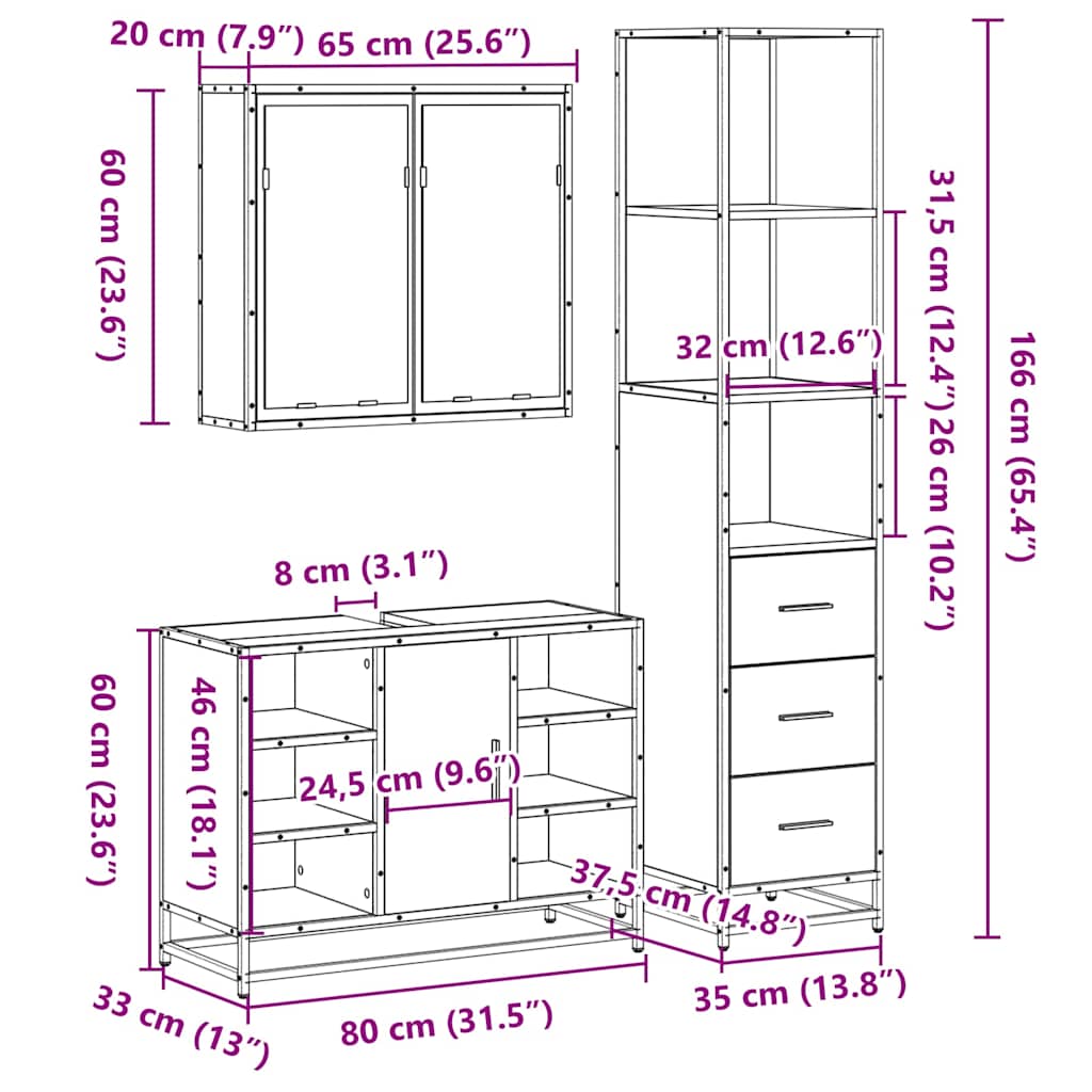 vidaXL 3-tlg. Badmöbel-Set Räuchereiche Holzwerkstoff