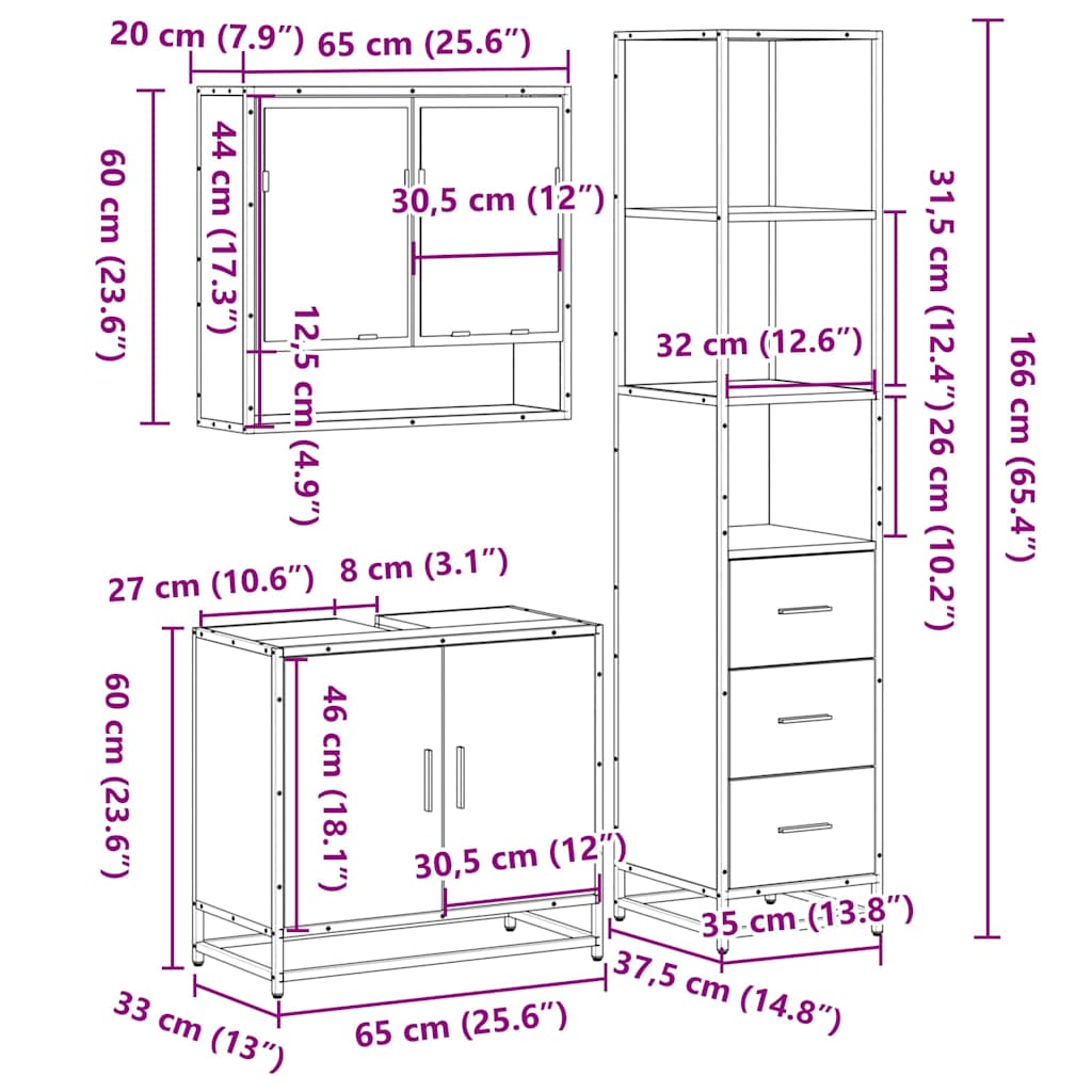 vidaXL 3-tlg. Badmöbel-Set Räuchereiche Holzwerkstoff