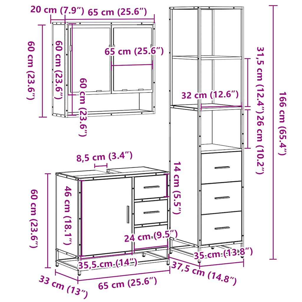 vidaXL 3-tlg. Badmöbel-Set Räuchereiche Holzwerkstoff