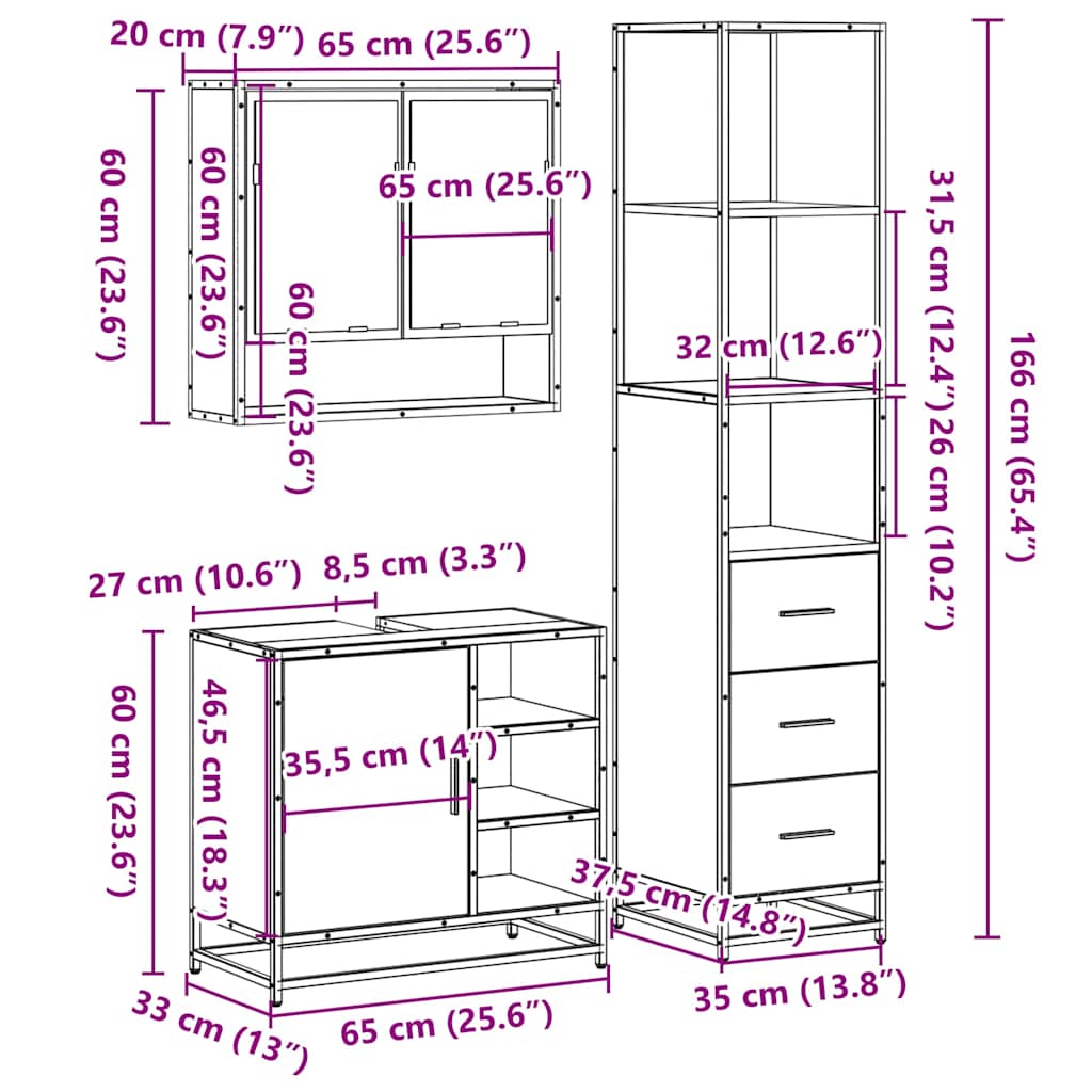 vidaXL 3-tlg. Badmöbel-Set Sonoma-Eiche Holzwerkstoff