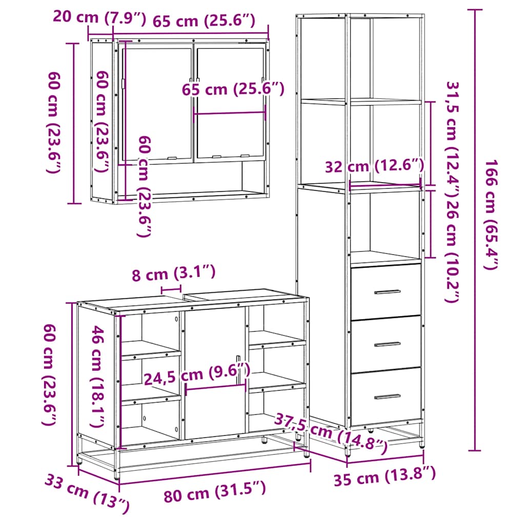 vidaXL 3-tlg. Badmöbel-Set Räuchereiche Holzwerkstoff