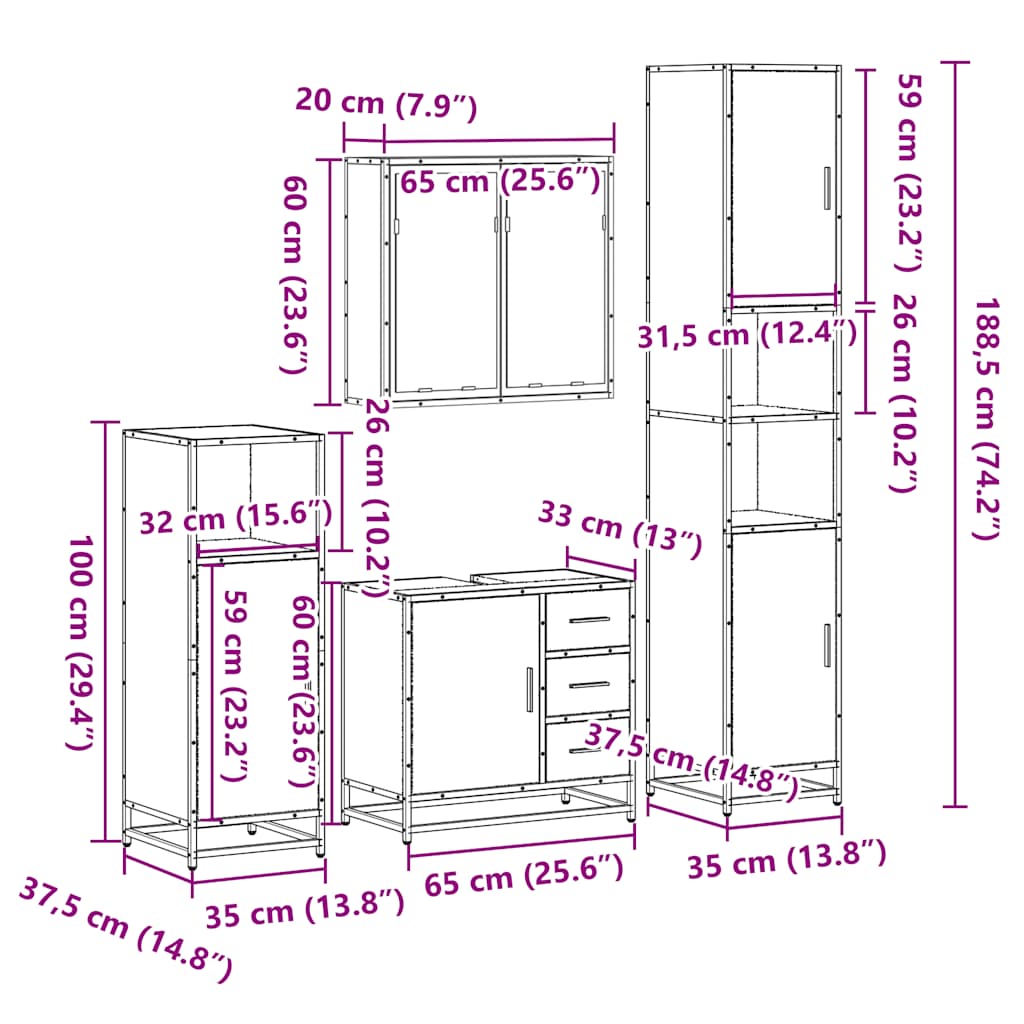 vidaXL 4-tlg. Badmöbel-Set Räuchereiche Holzwerkstoff