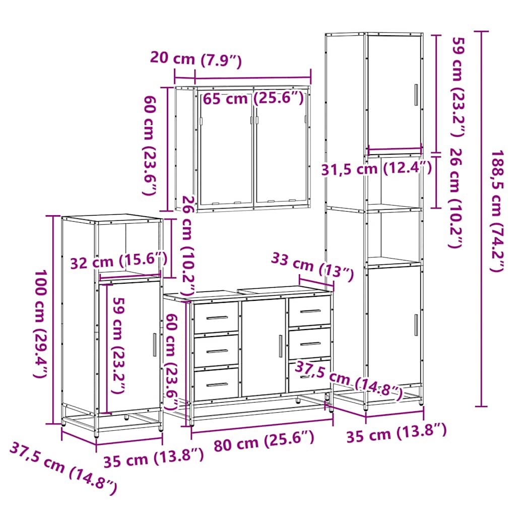 vidaXL 4-tlg. Badmöbel-Set Sonoma-Eiche Holzwerkstoff
