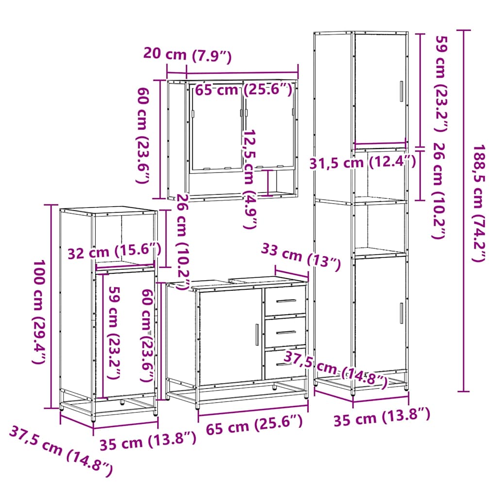 vidaXL 4-tlg. Badmöbel-Set Räuchereiche Holzwerkstoff