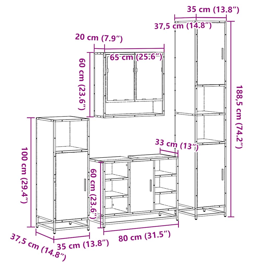 vidaXL 4-tlg. Badmöbel-Set Sonoma-Eiche Holzwerkstoff