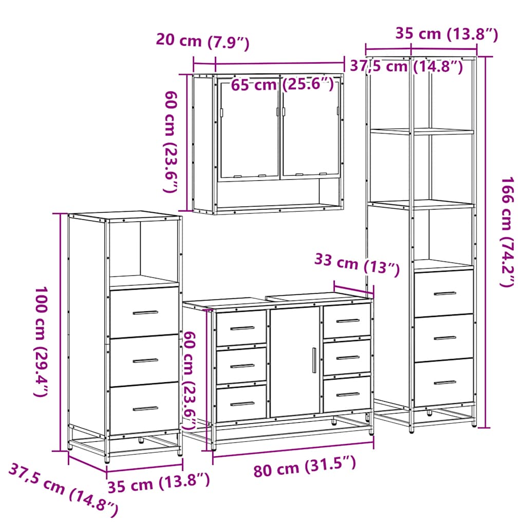 vidaXL 4-tlg. Badmöbel-Set Räuchereiche Holzwerkstoff