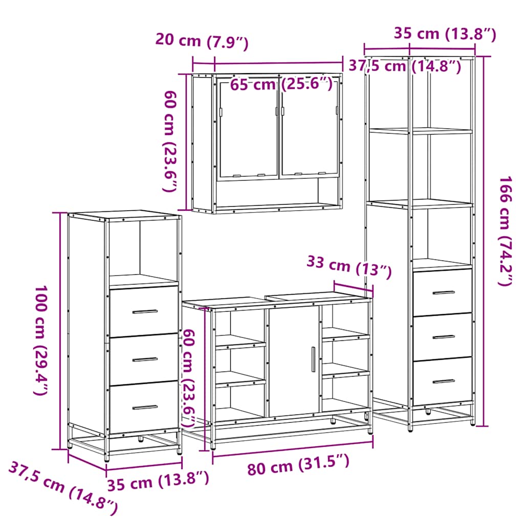 vidaXL 4-tlg. Badmöbel-Set Räuchereiche Holzwerkstoff