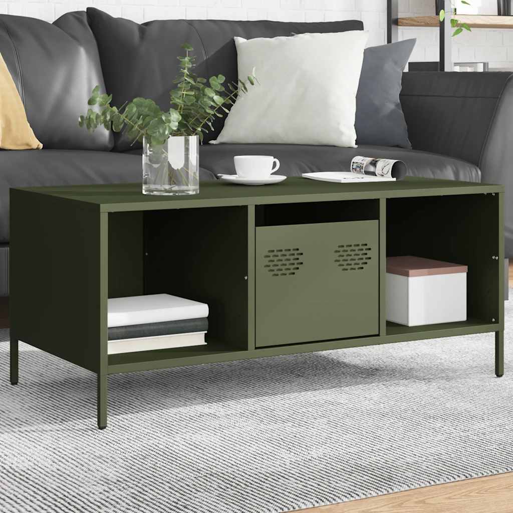 vidaXL Table basse vert olive 101,5x50x43,5 cm Acier laminé à froid