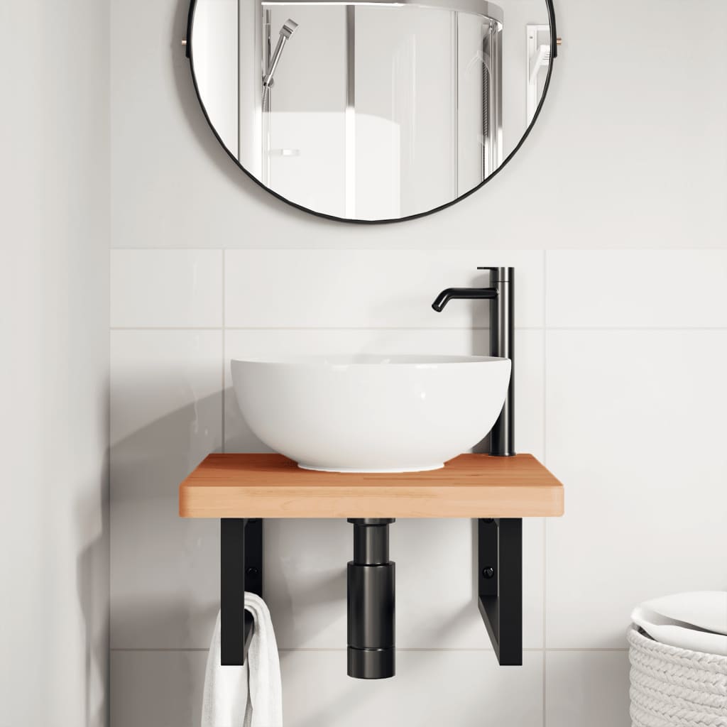 vidaXL Étagère sous-lavabo murale en acier et bois de hêtre massif
