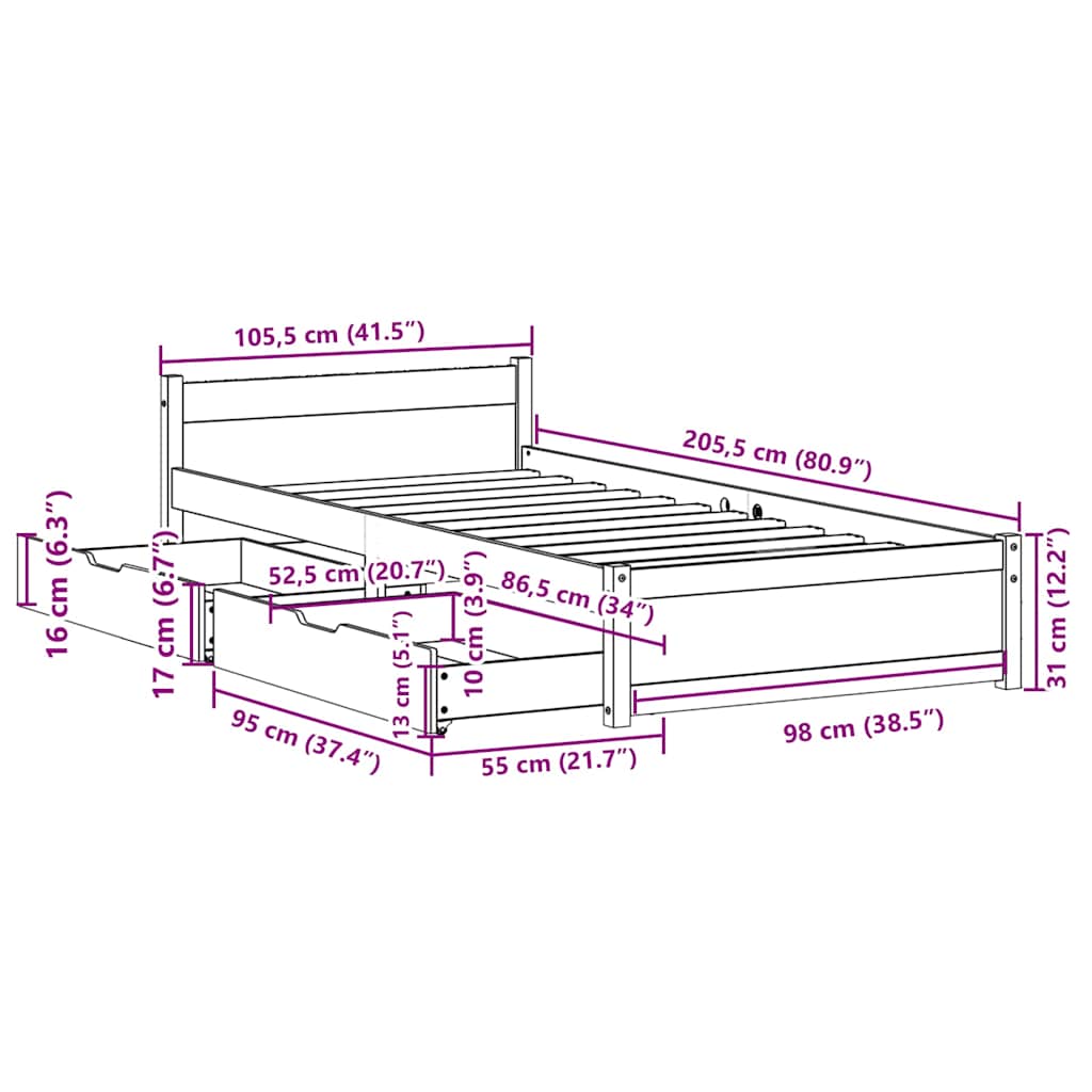 vidaXL Massivholzbett ohne Matratze 100x200 cm Kiefernholz