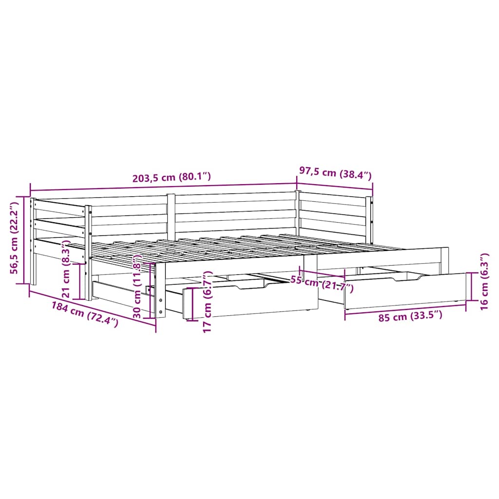 vidaXL Tagesbett Ausziehbar mit Schubladen ohne Matratze 90x200 cm