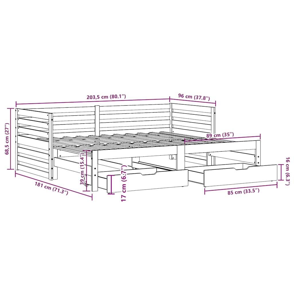 vidaXL Lit de repos avec tiroirs 90x200 cm Bois de pin massif