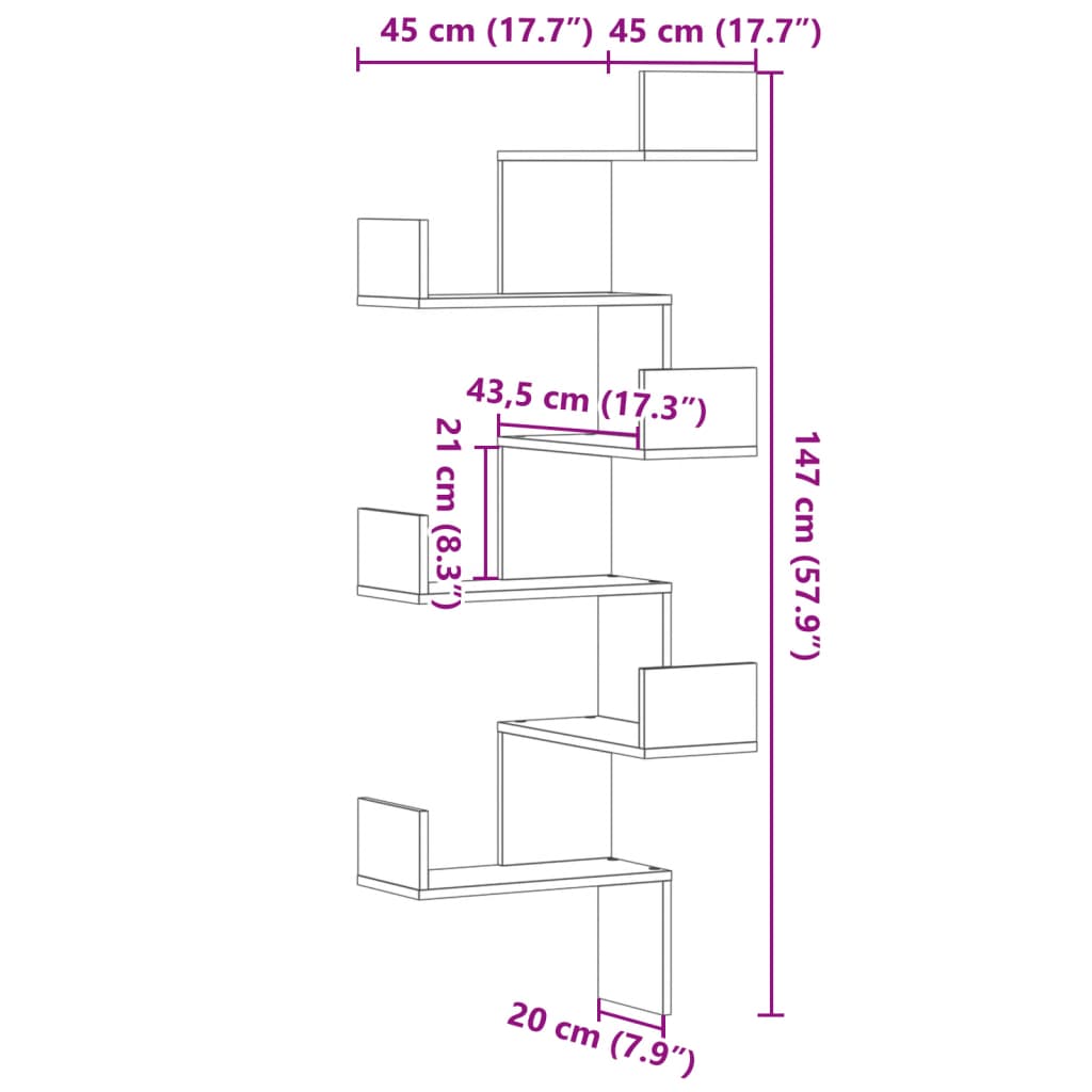vidaXL Wand-Eckregal Braun Eichen-Optik 45x45x147 cm Holzwerkstoff