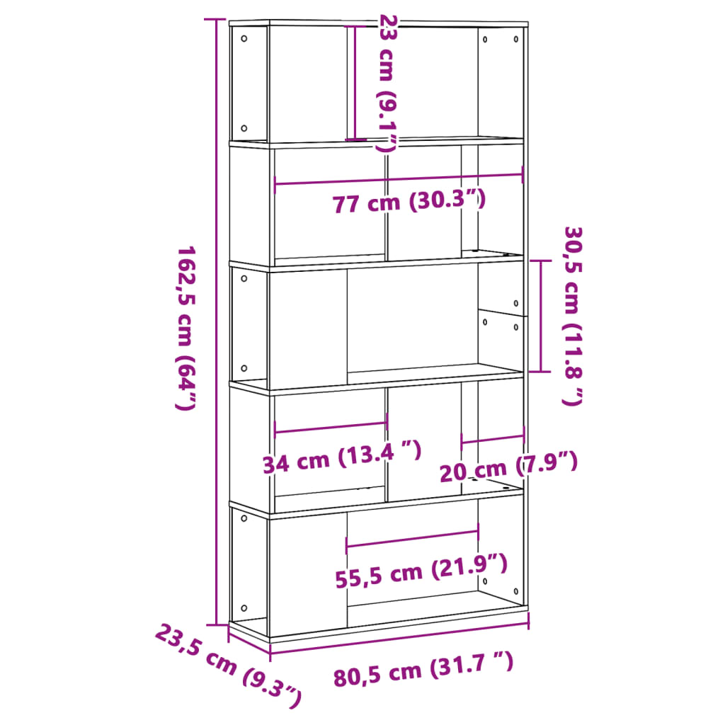 vidaXL Bücherregal 5 Böden Betongrau 80,5x23,5x162,5 cm Holzwerkstoff