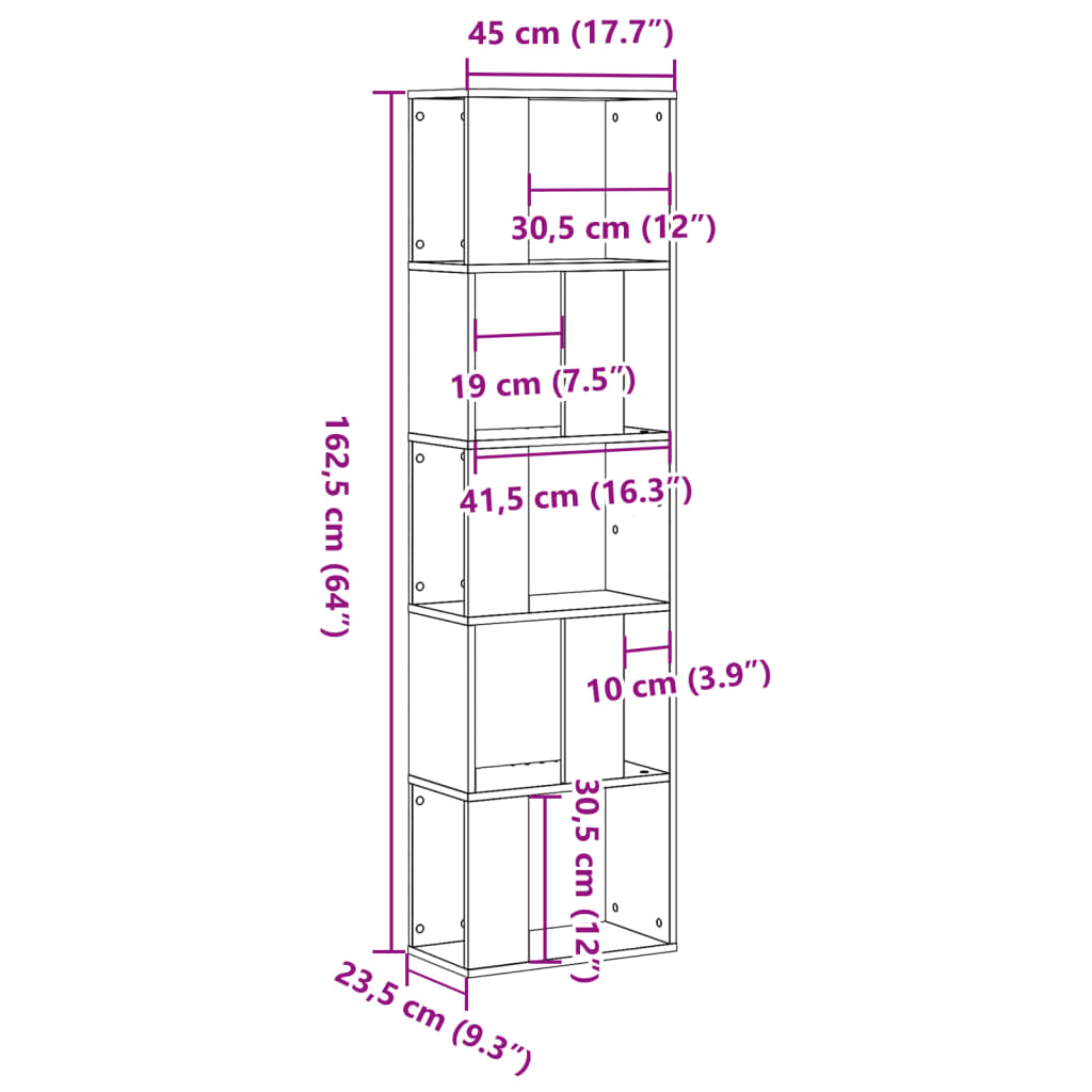 vidaXL Bücherregal 5 Böden Betongrau 45x23,5x162,5 cm Holzwerkstoff