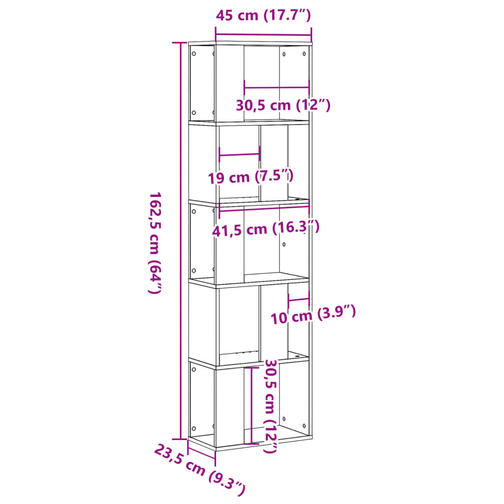 vidaXL Bücherregal 5 Böden Grau Sonoma 45x23,5x162,5 cm Holzwerkstoff