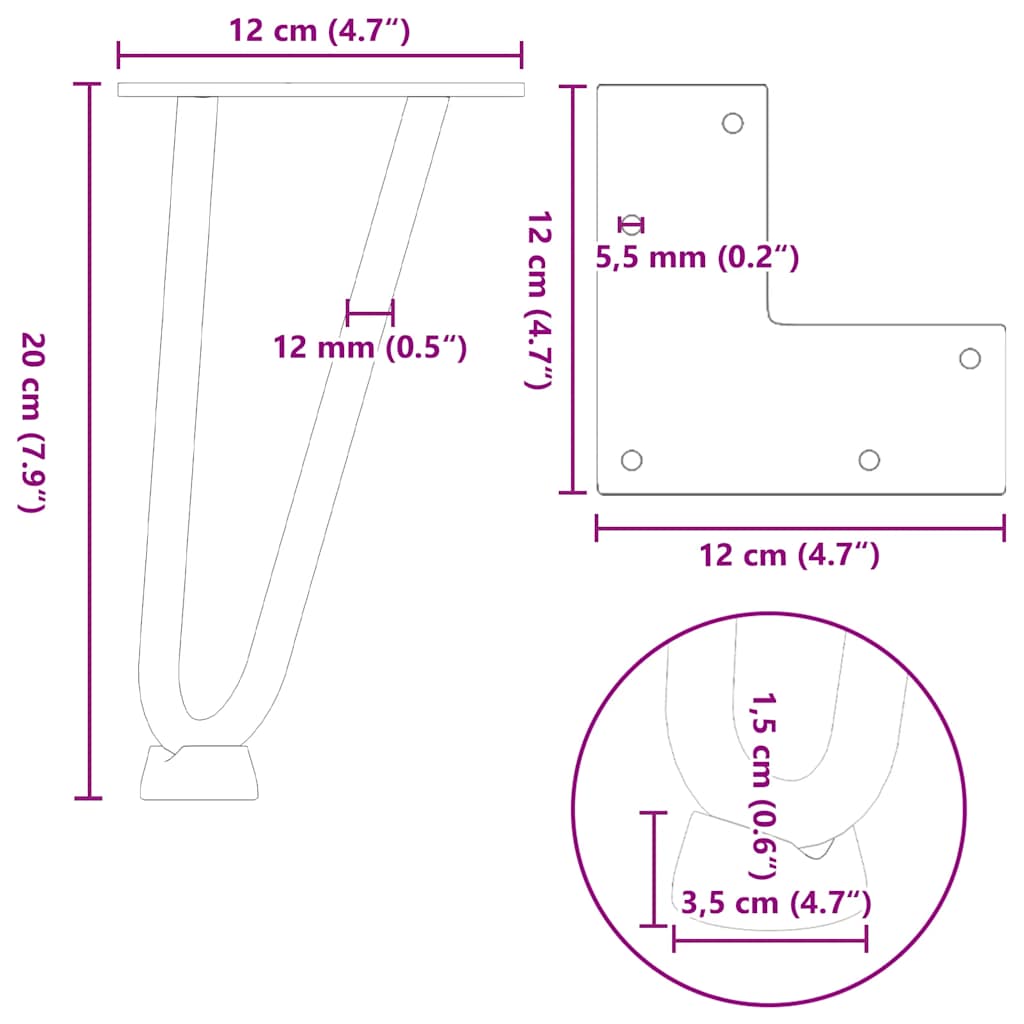 vidaXL Haarnadelbeine für Couchtisch 4 Stk. Schwarz 20 cm Massivstahl