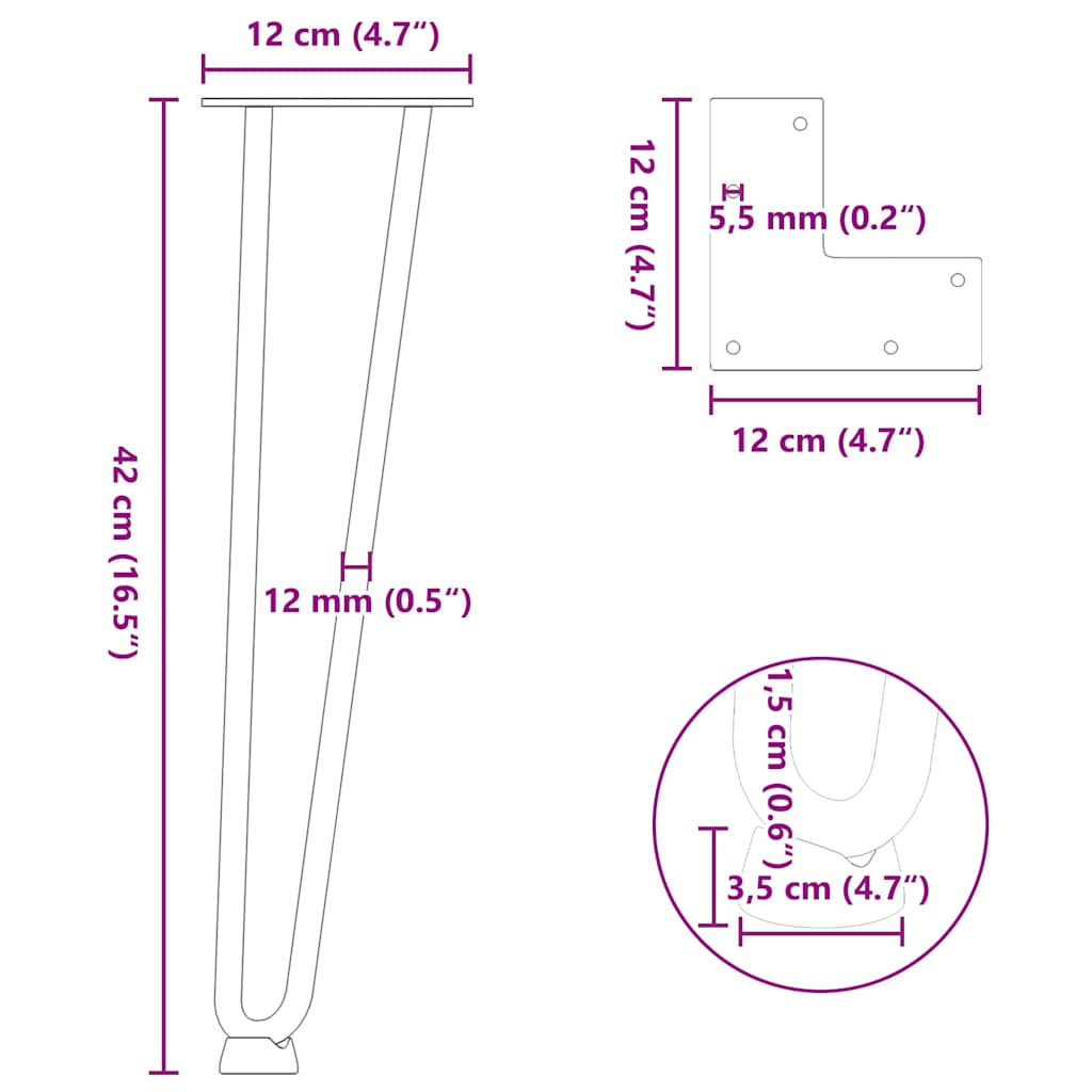 vidaXL Haarnadelbeine für Couchtisch 4 Stk. Anthrazit 42 cm Massivstahl