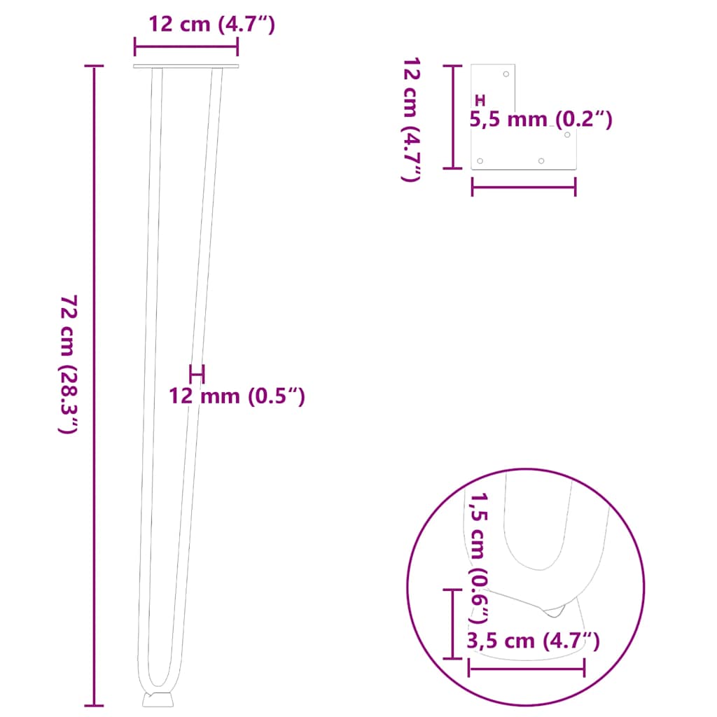 vidaXL Haarnadelbeine für Konsolentische 4 Stk. Weiß 72 cm Massivstahl