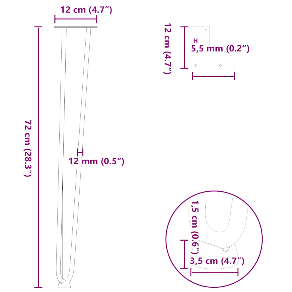 vidaXL Haarnadelbeine für Konsolentische 4 Stk. Naturstahl 72 cm Massivstahl