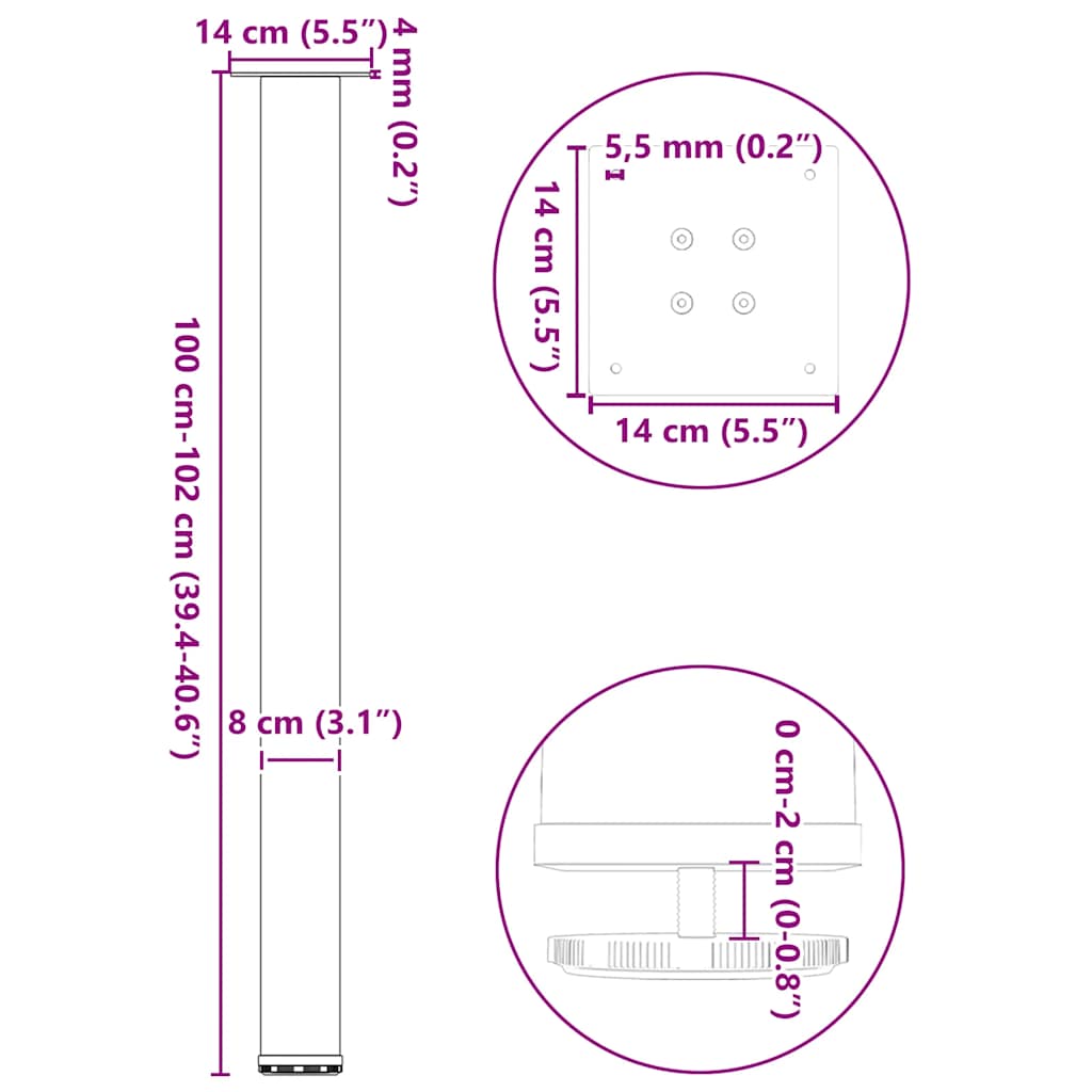 vidaXL Bartischbeine 4 Stk. Schwarz 100-102 cm Stahl