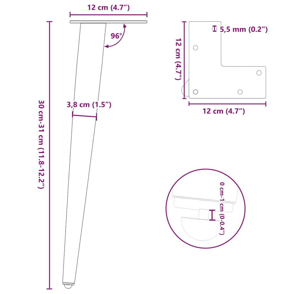 vidaXL Couchtischbeine Konische Form 4 Stk. Schwarz 30-31 cm Stahl