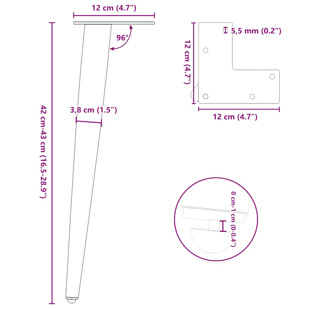 vidaXL Couchtischbeine Konische Form 4 Stk. Schwarz 42-43 cm Stahl