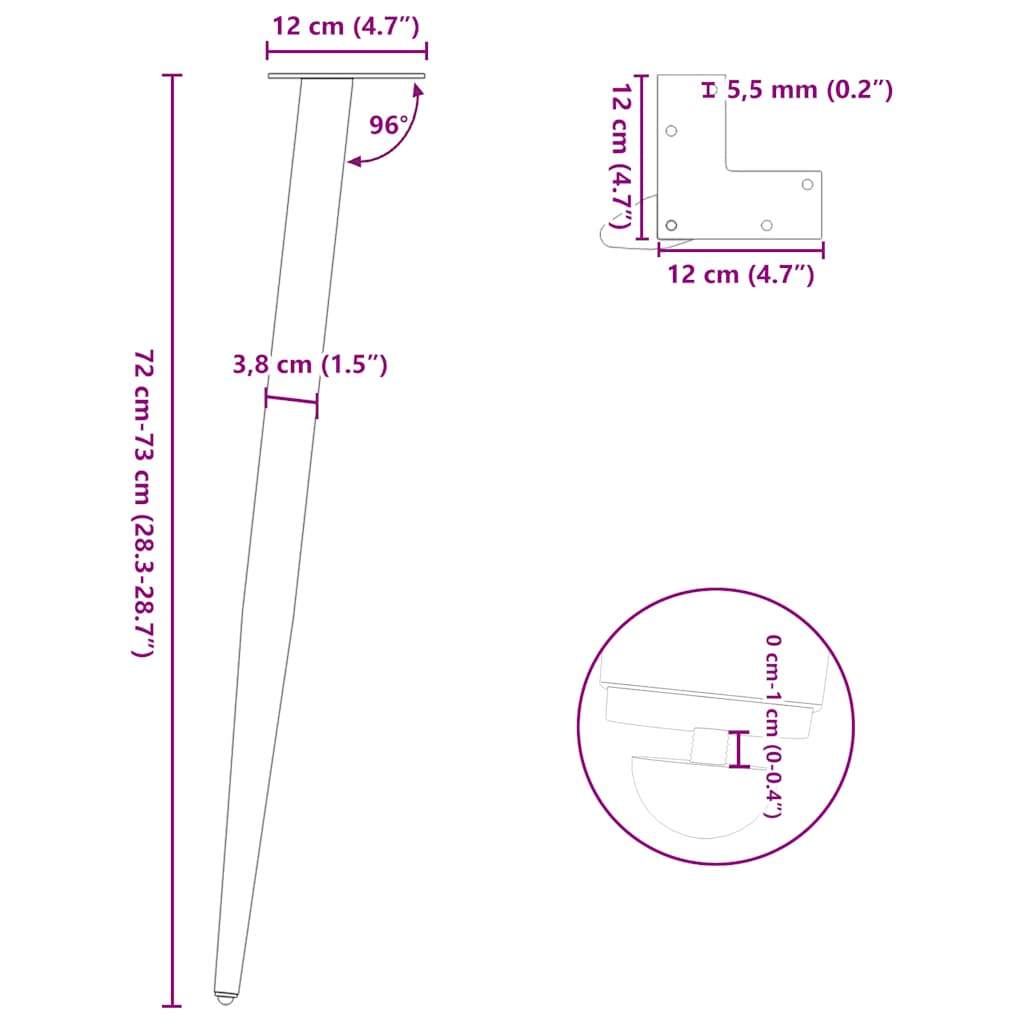 vidaXL Konsolentisch Beine Konische Form 4 Stück Naturstahl 72-73cm Stahl