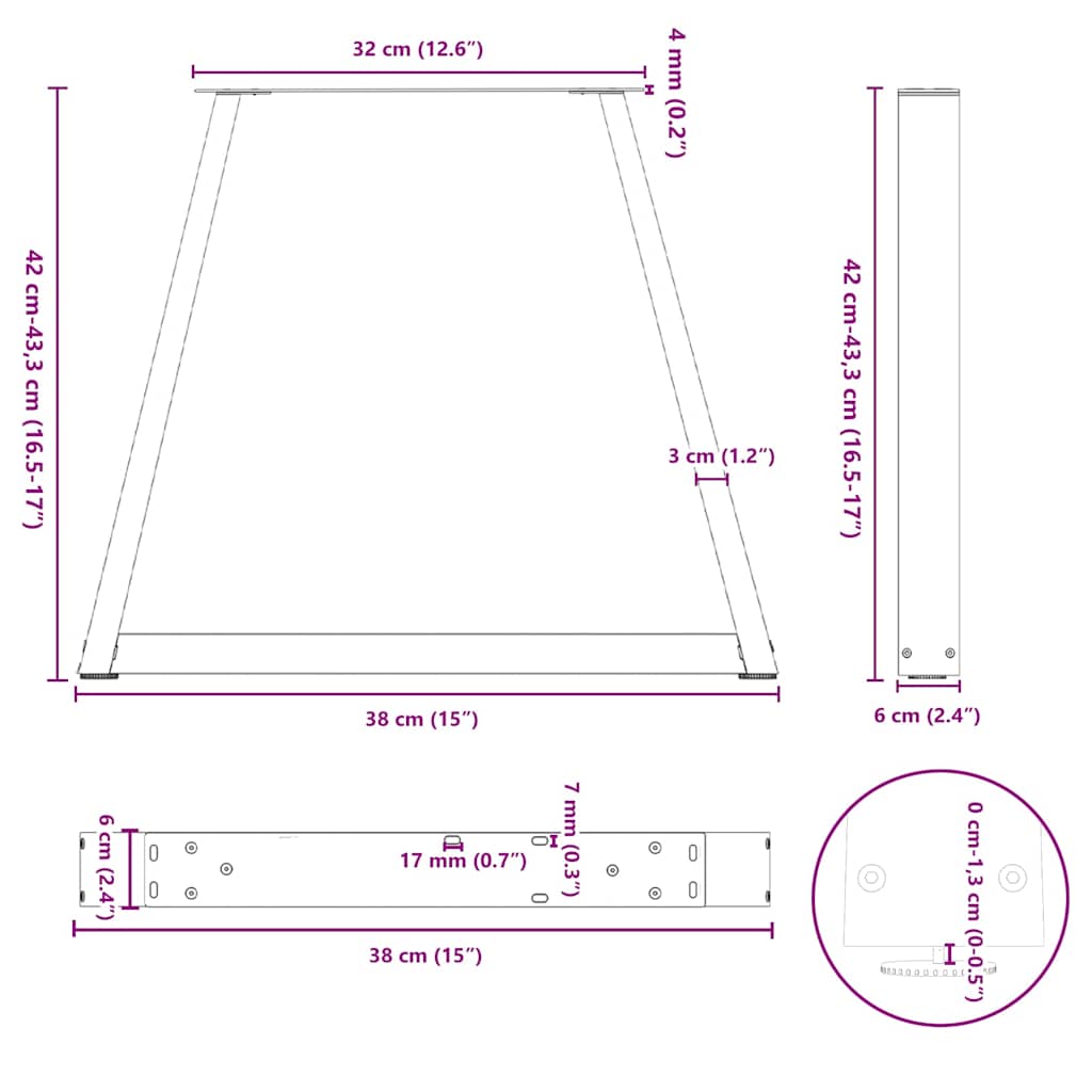 Pieds de table basse vidaXL en V, 2 pcs, anthracite, 38x(42-43,3) cm, acier