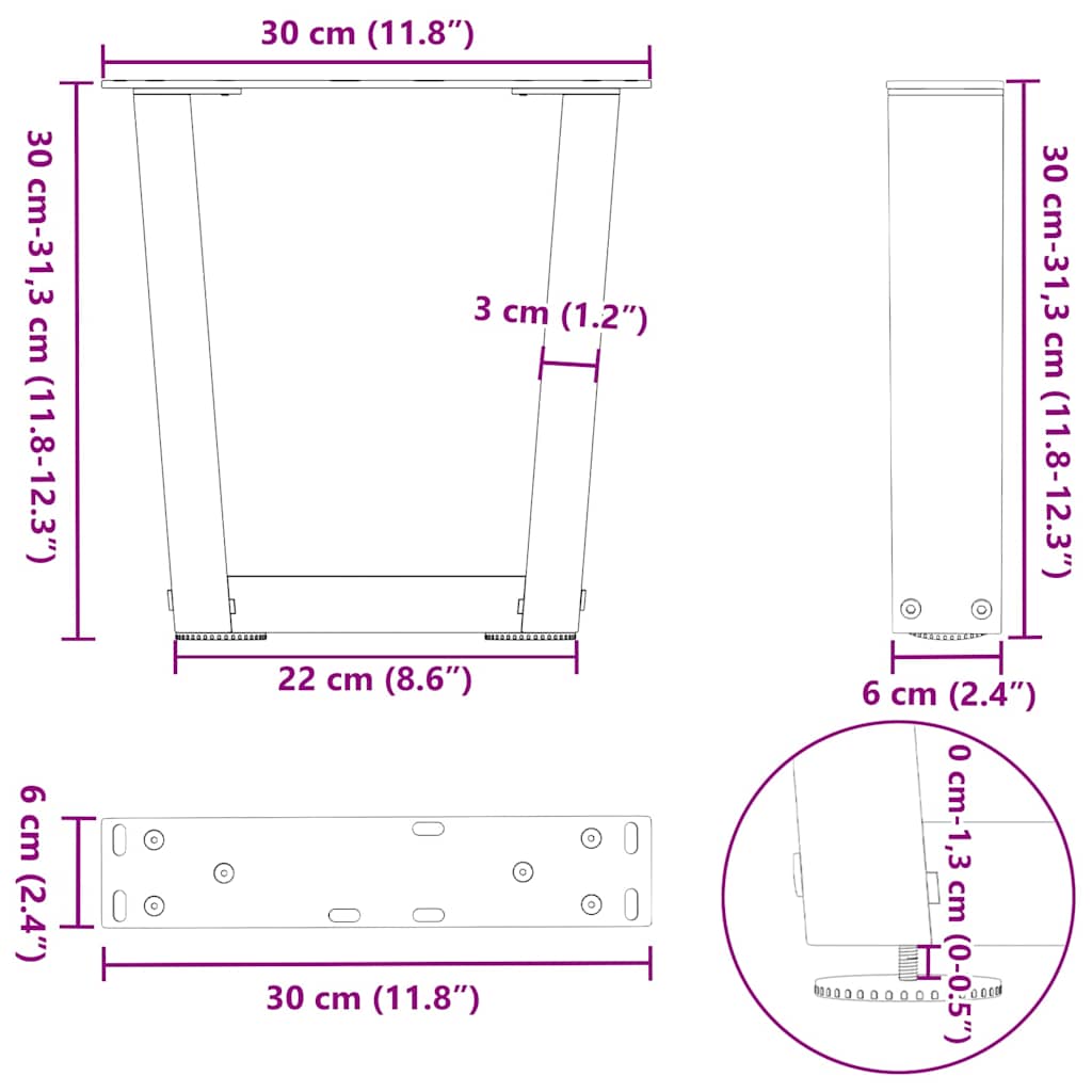 vidaXL Pieds de table basse en V 2 pcs Acier brut 30x(30-31,3) cm Acier