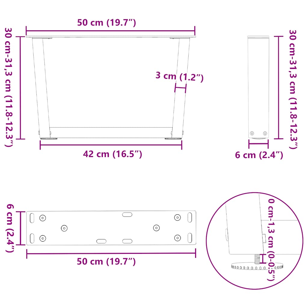vidaXL Pieds de table basse en V 2 pcs Noir 50x(30-31,3) cm Acier
