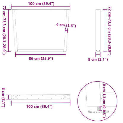 vidaXL Esstischbeine V-Form 3 Stück Naturstahl 100x(72-73,3) cm Stahl