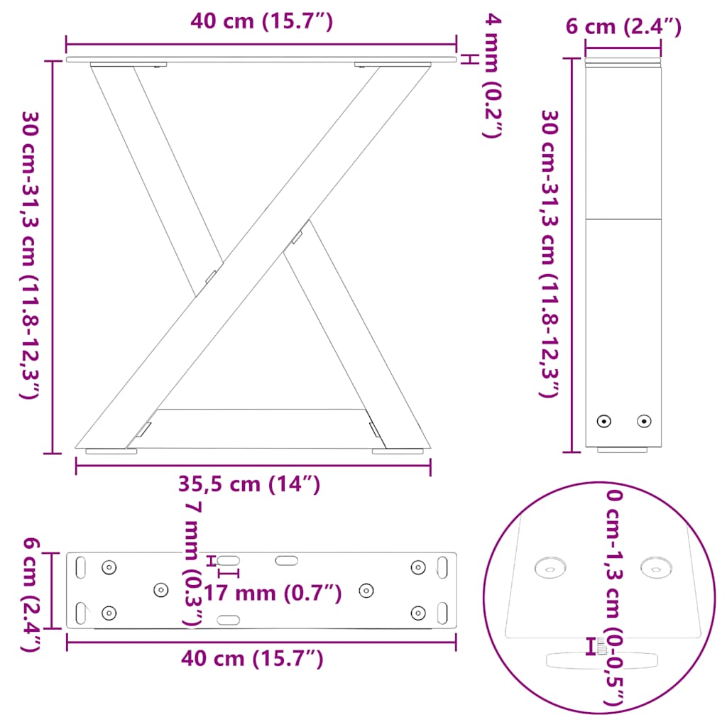vidaXL Couchtischbeine 2 Stk. Anthrazit 40x(30-31,3) cm Stahl