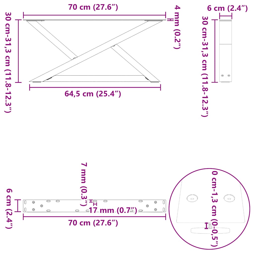 vidaXL Couchtischbeine 2 Stk. Anthrazit 70x(30-31,3) cm Stahl