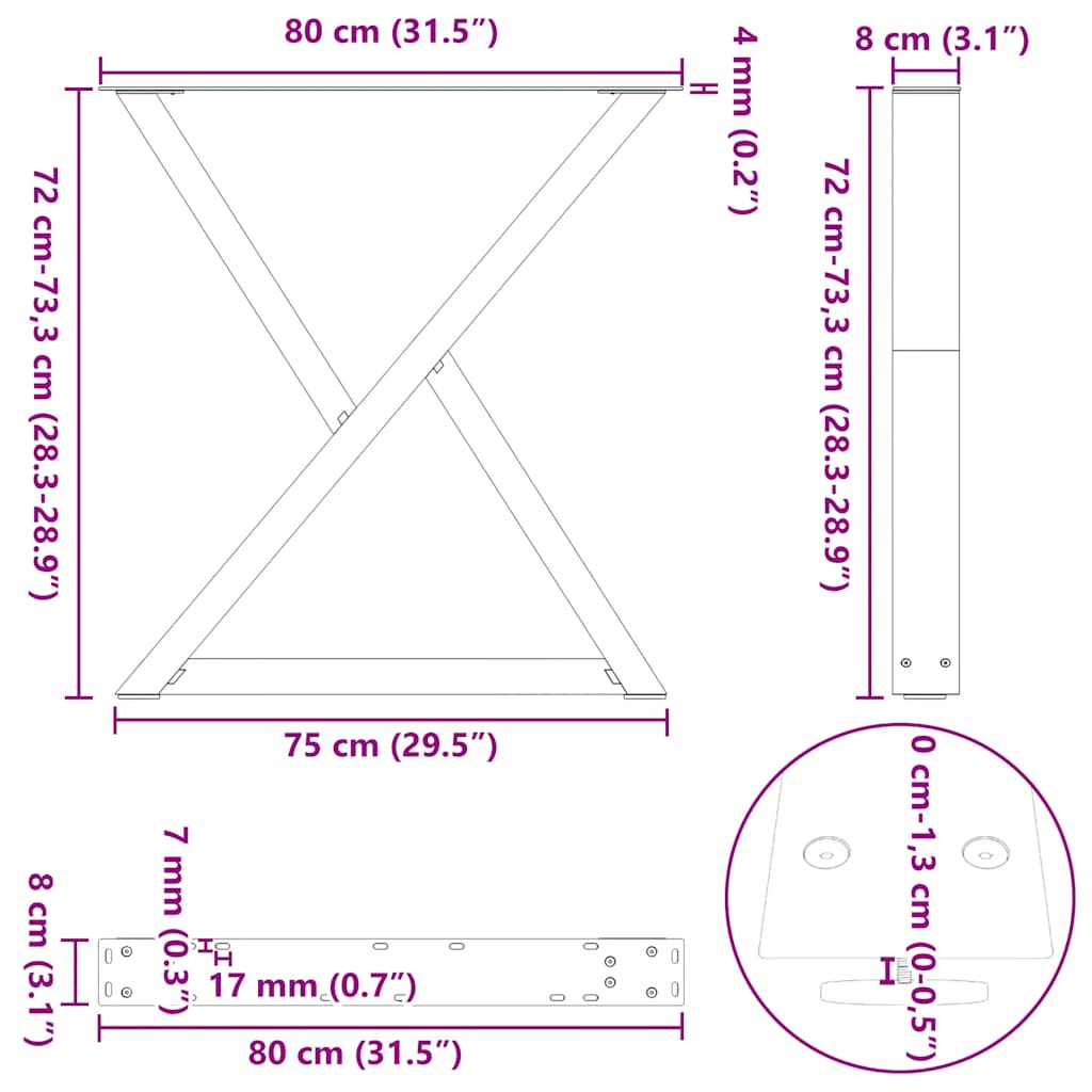 vidaXL Esstisch Beine 2 Stück Weiß 80x(72-73,3) cm Stahl