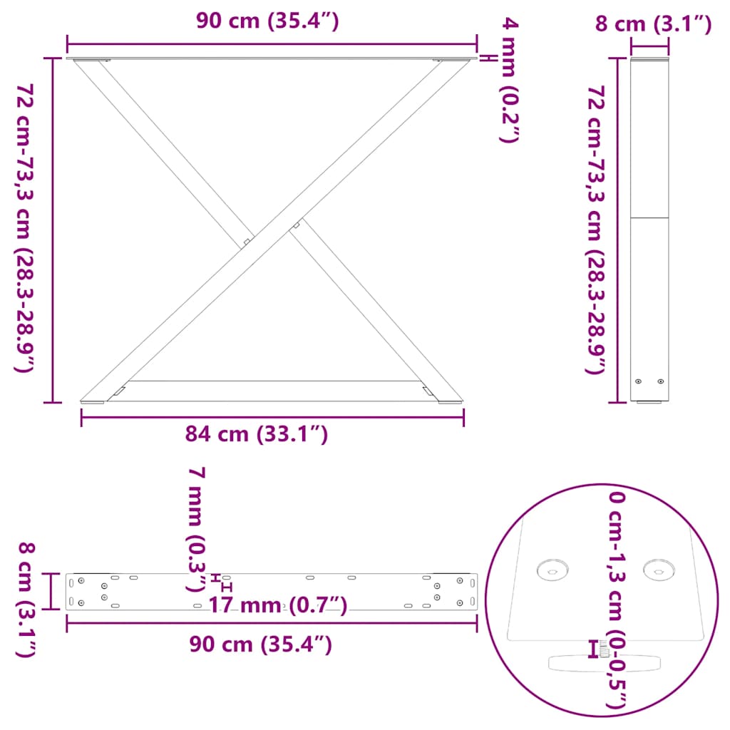vidaXL Esstisch Beine 2 Stück Schwarz 90x(72-73,3) cm Stahl