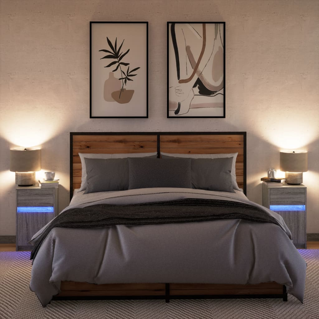 vidaXL Tables de chevet avec lumières LED 2 pcs Gris Sonoma en bois d'ingénierie