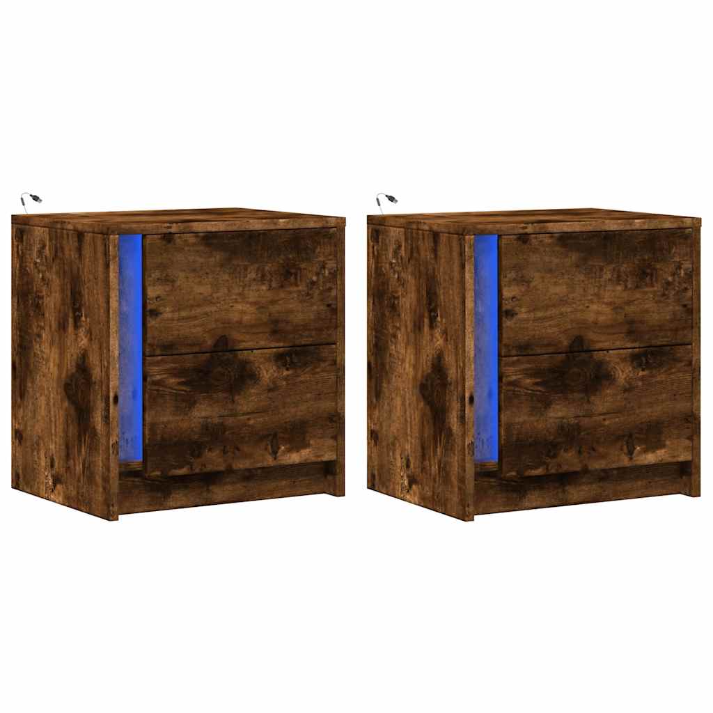 Nachttische mit LED-Leuchten 2 Stk. Räuchereiche Holzwerkstoff