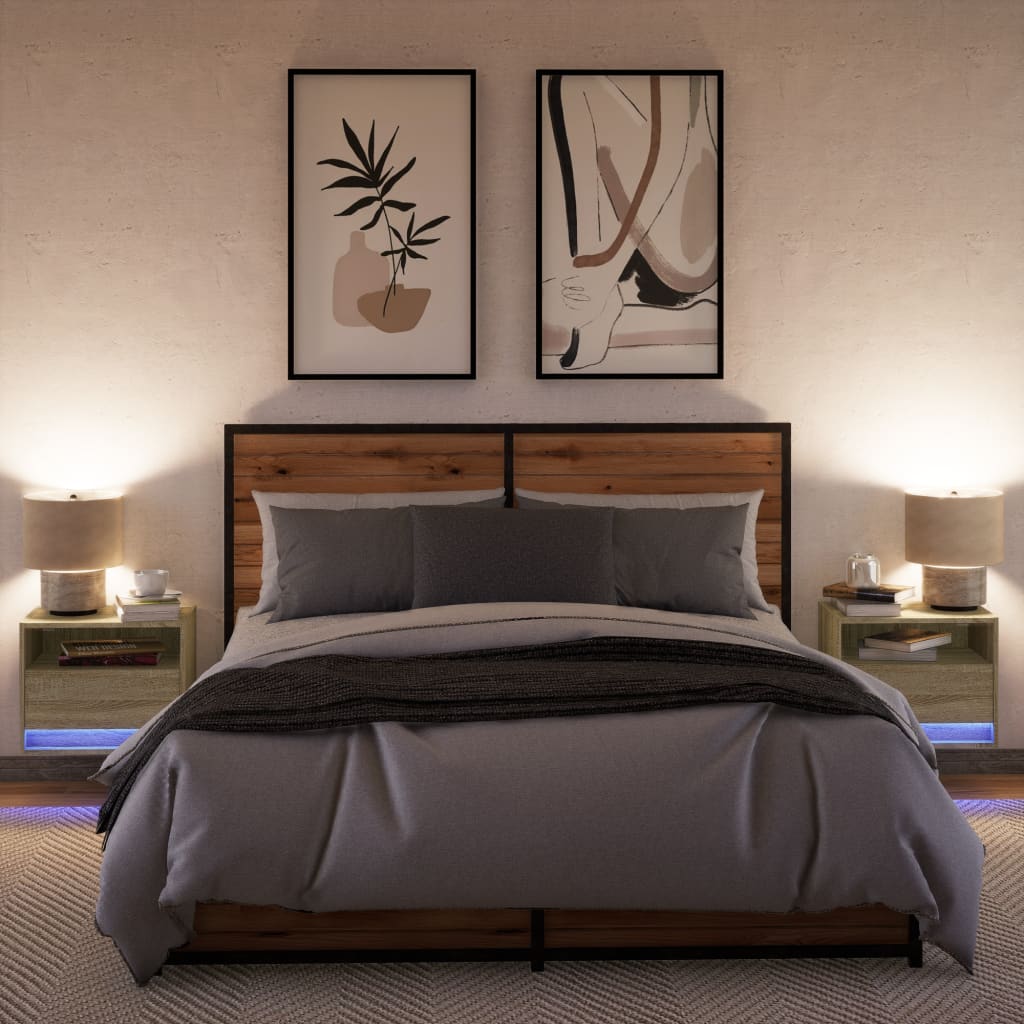 vidaXL Tables de chevet murales avec lumières LED 2 pcs Chêne Sonoma