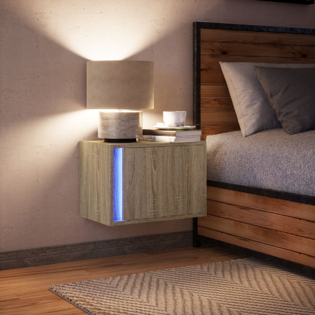 vidaXL Table de chevet murale avec lumières LED chêne Sonoma