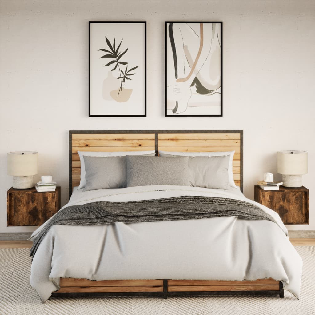 vidaXL Tables de chevet murales avec lumières LED 2 pcs Chêne fumé