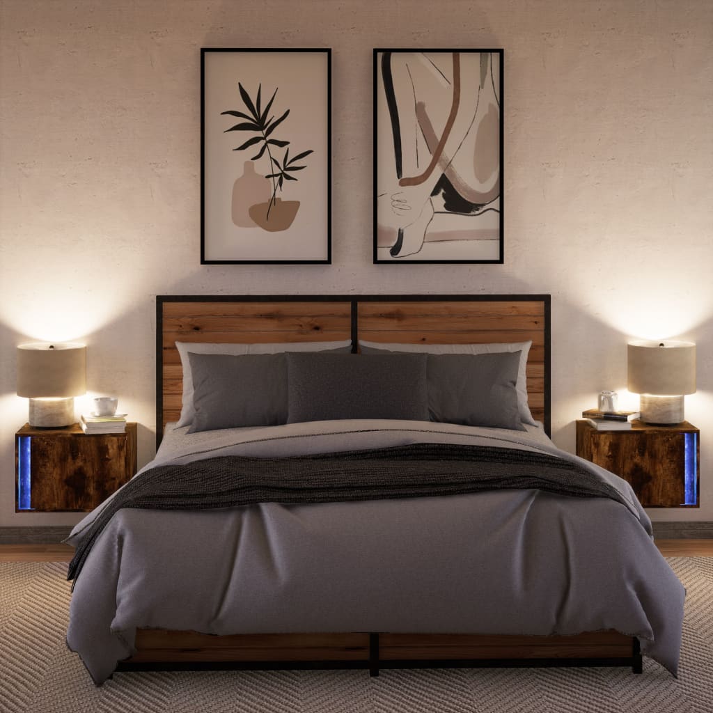 vidaXL Tables de chevet murales avec lumières LED 2 pcs Chêne fumé