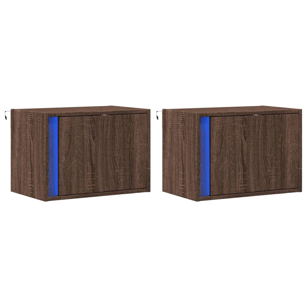 vidaXL Tables de chevet murales avec lumières LED 2 pcs Aspect Chêne Marron