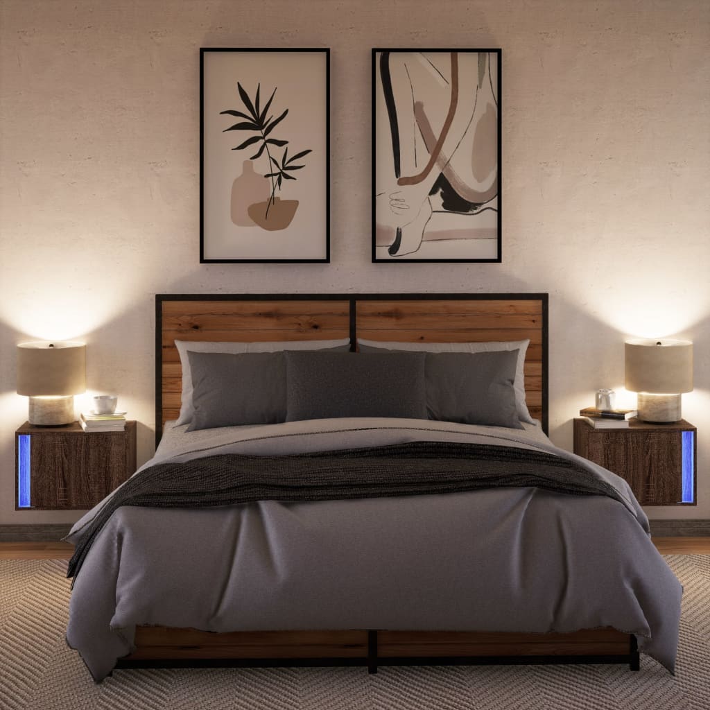 vidaXL Tables de chevet murales avec lumières LED 2 pcs Aspect Chêne Marron