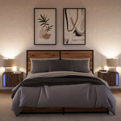 vidaXL Tables de chevet murales avec lumières LED 2 pcs Aspect Chêne Marron