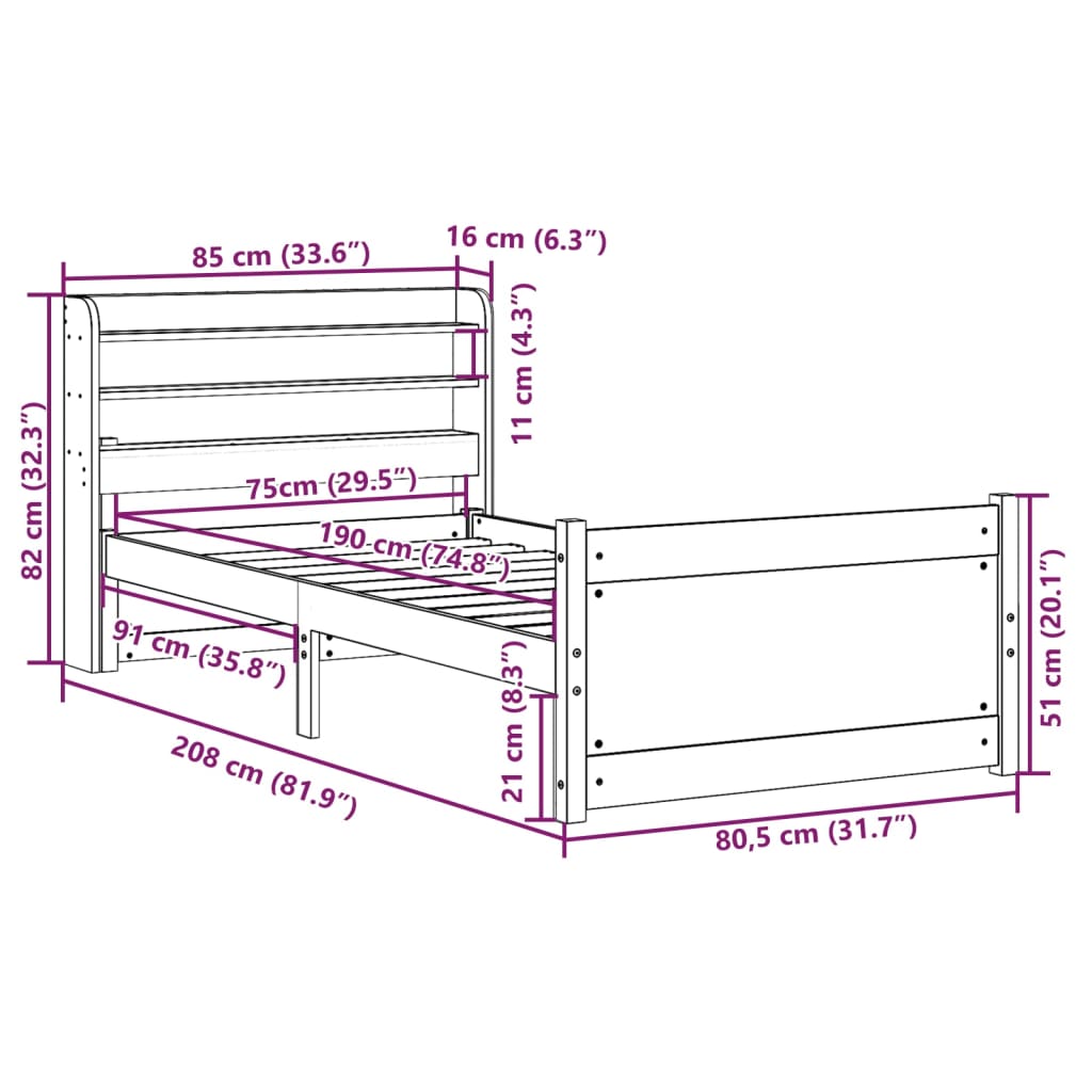 vidaXL Bettgestell mit Kopfteil ohne Matratze 75x190 cm