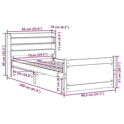 vidaXL Bettgestell mit Kopfteil ohne Matratze 75x190 cm