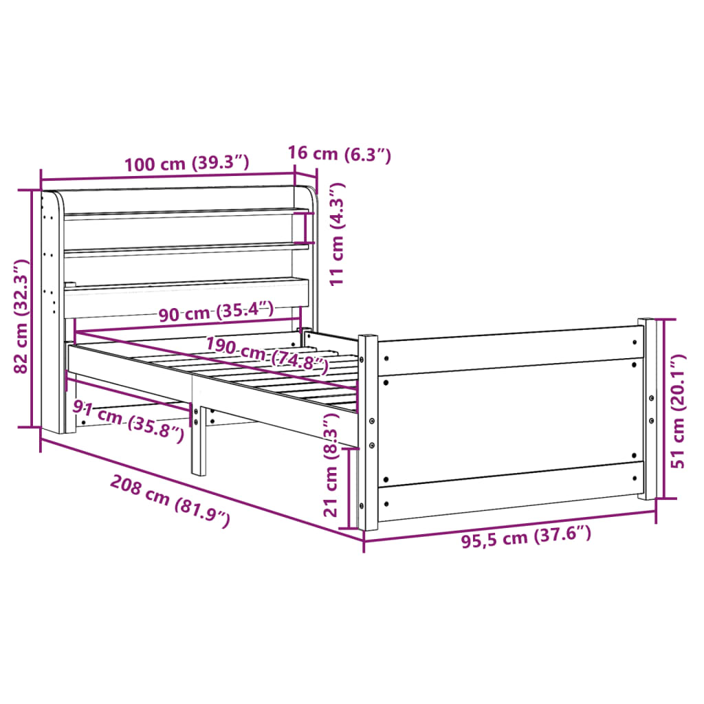 vidaXL Bettgestell mit Kopfteil ohne Matratze Weiß 90x190 cm